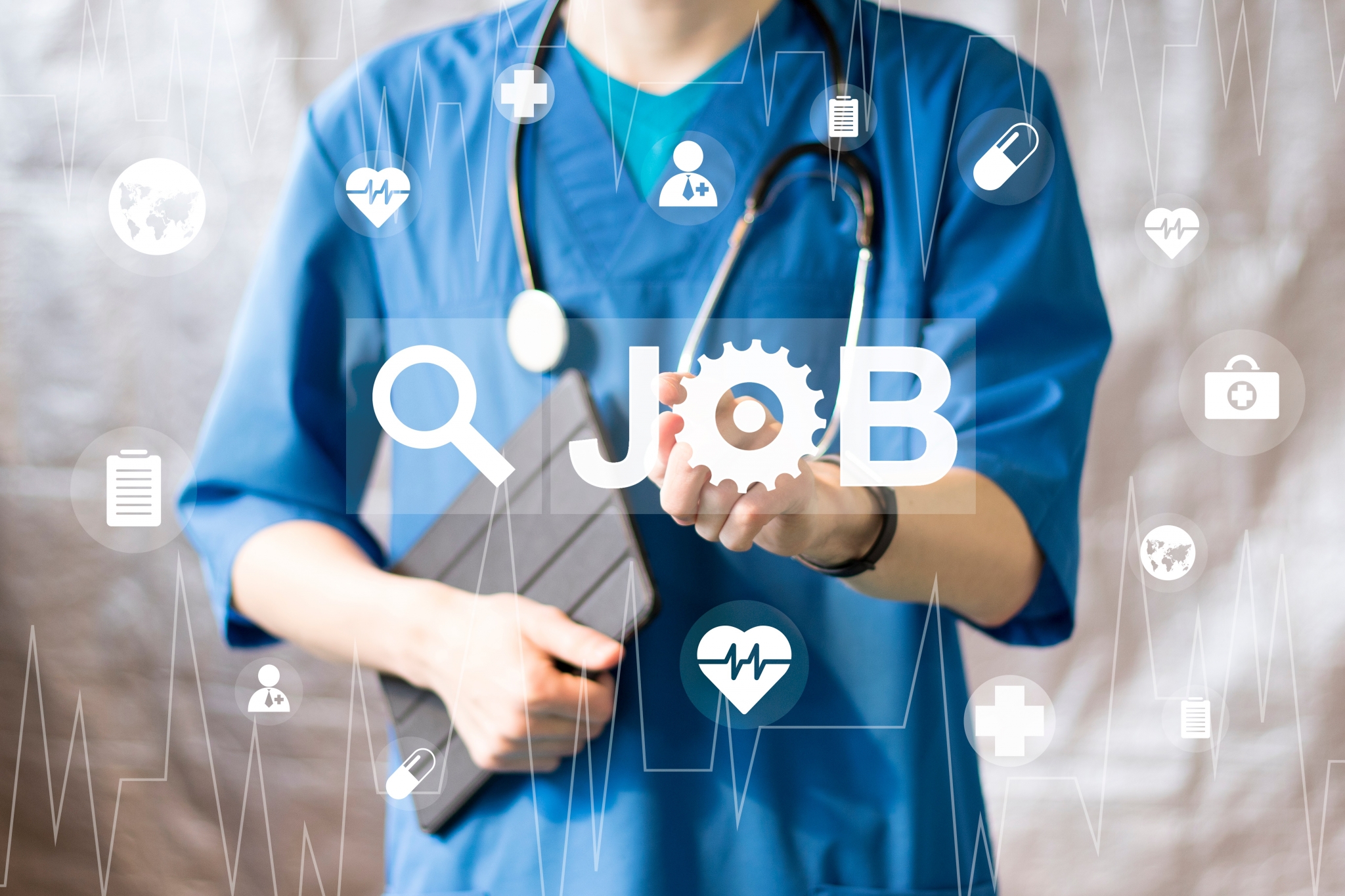 Medical professional pushing a job search button