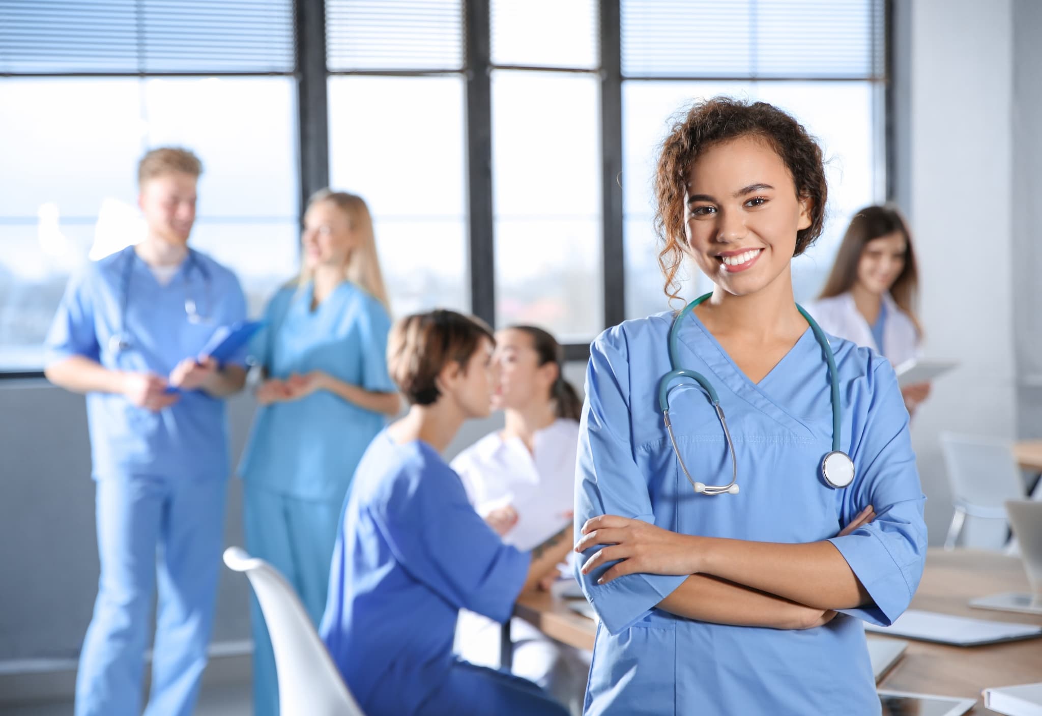 Smart medical student with her classmates
