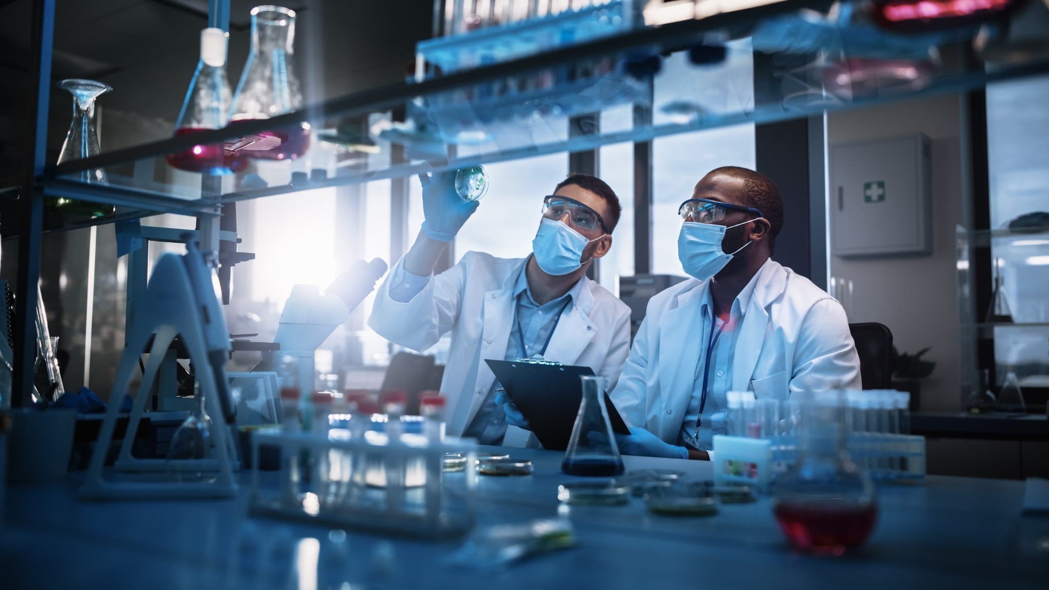 Medical laboratory technicians studying samples