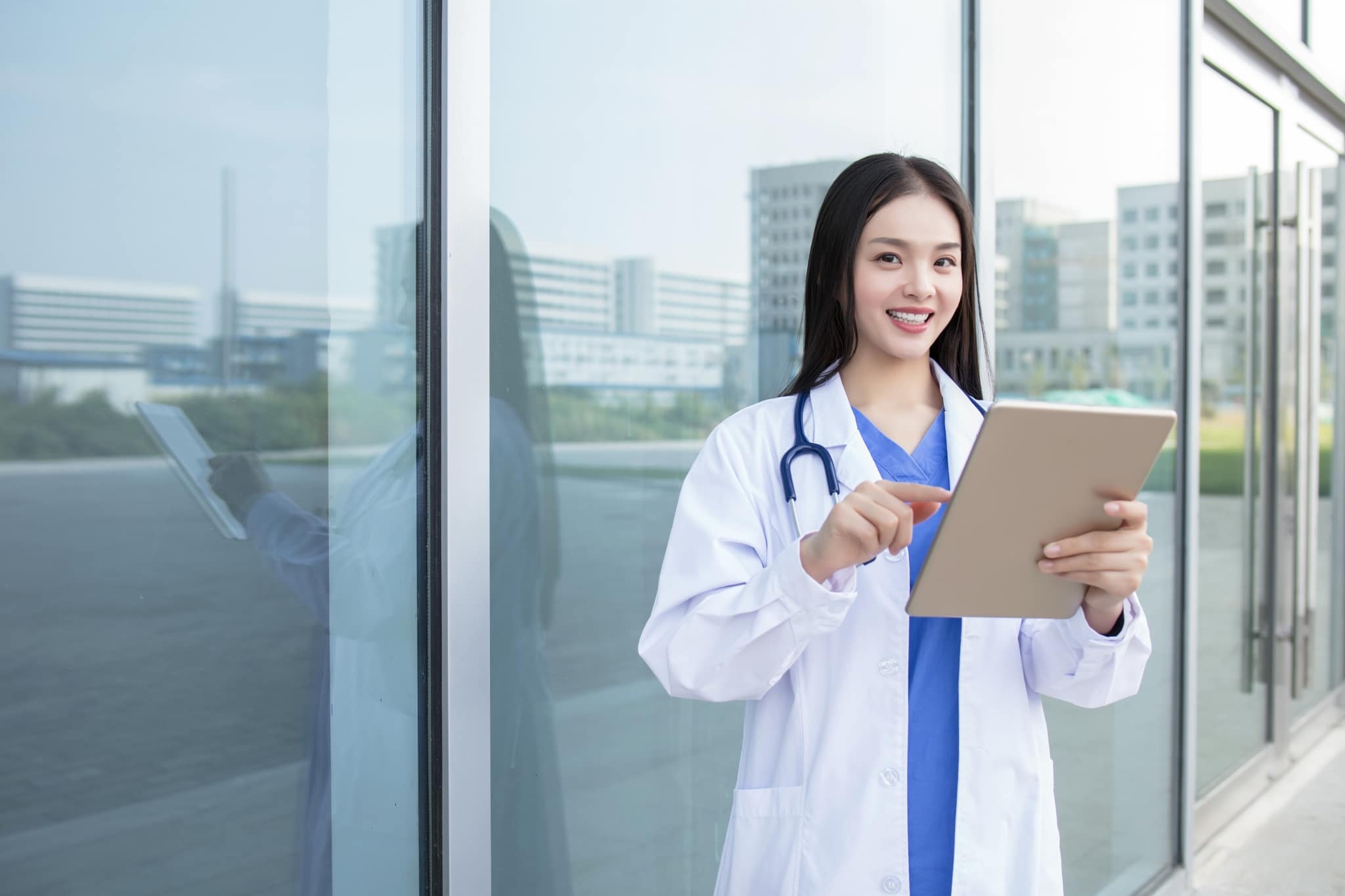 Asian healthcare professional outside facility