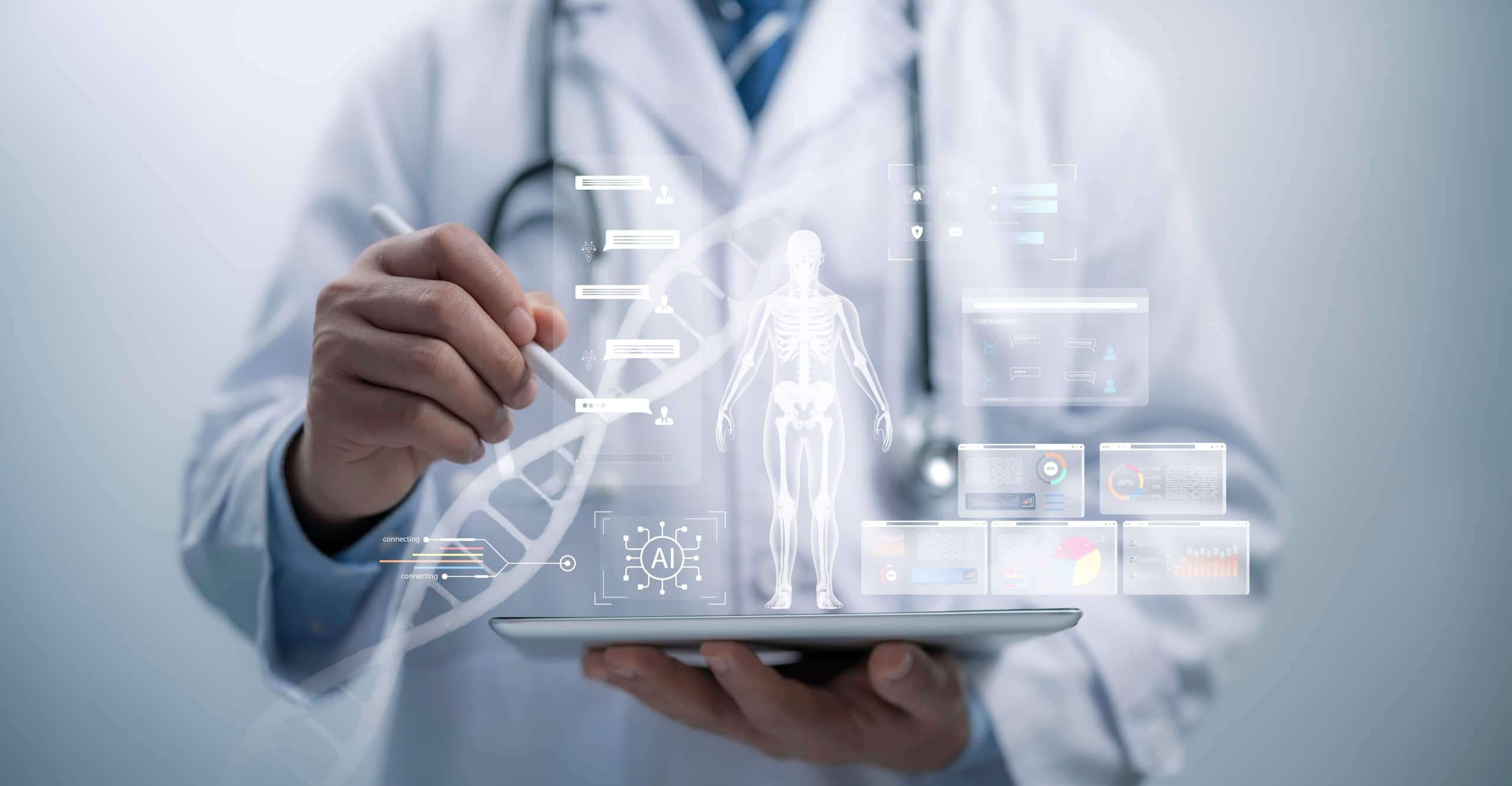 Close up of a medical professional interacting with advanced technology