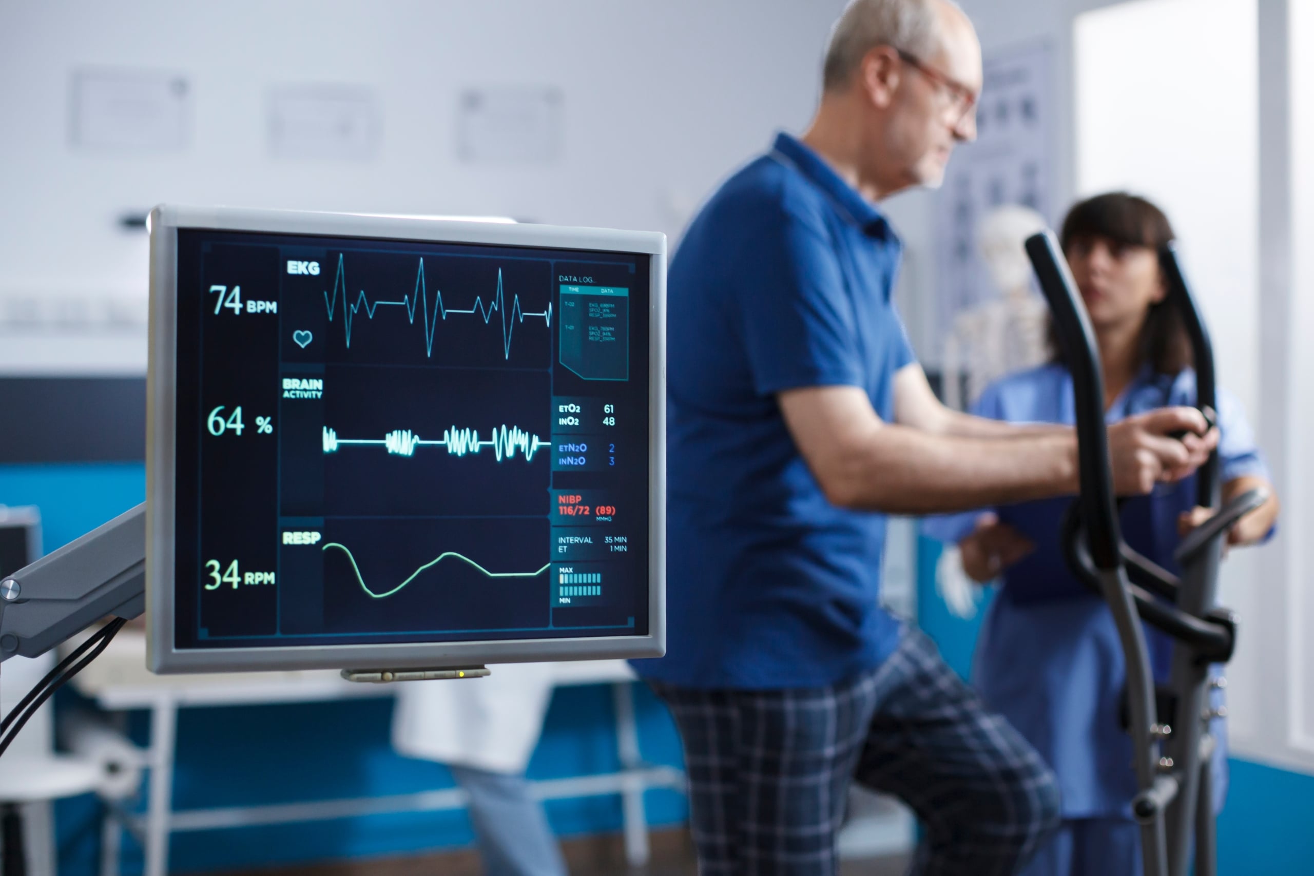 Close up of a senior patient performing a stress test at a medical clinic