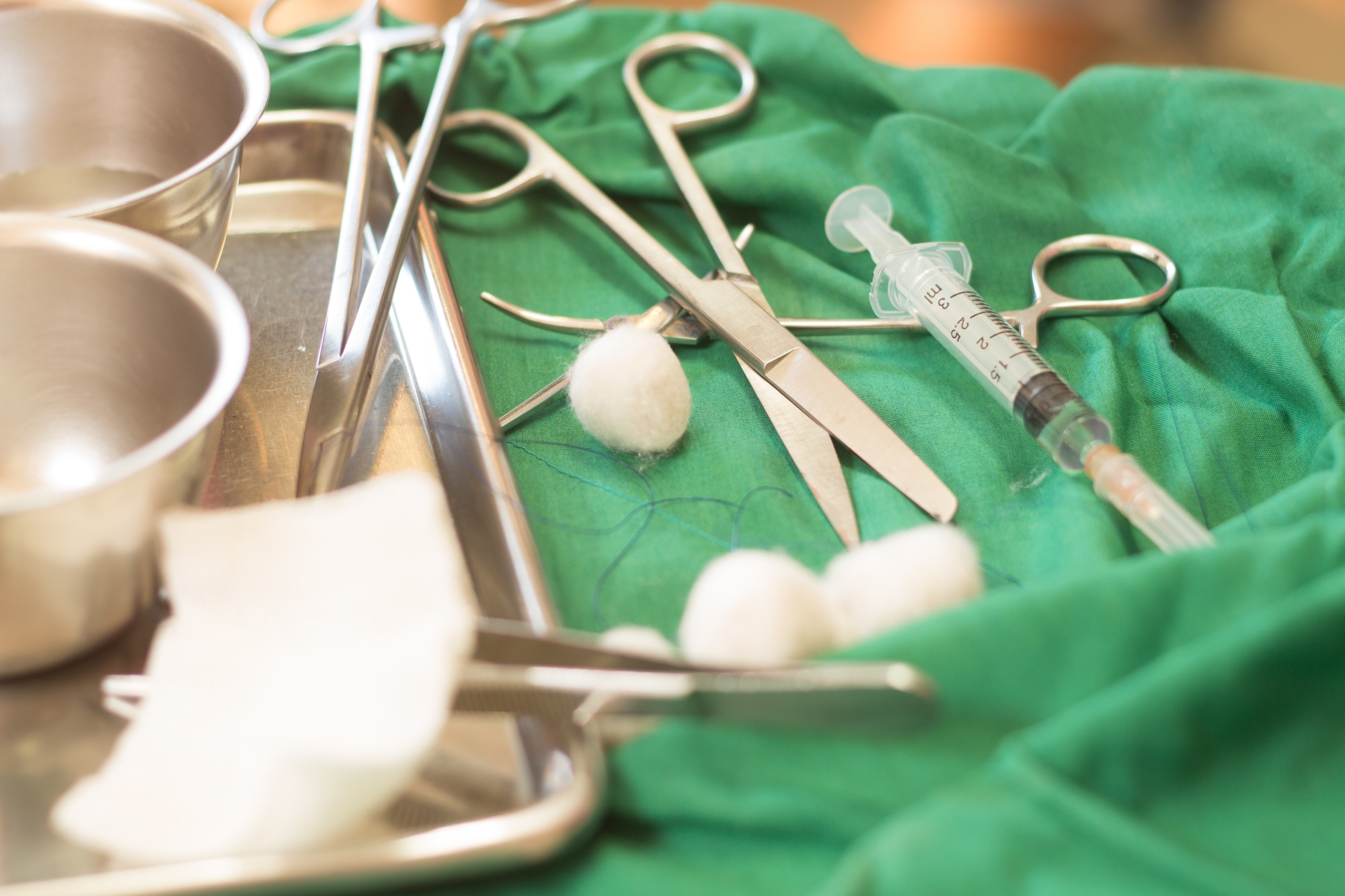 Close up of medical instruments to suture and dress wounds